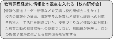 教育課程経営に情報化の視点を入れる【校内研修会】
【情報化推進リーダー研修などを受講し校内研修会に生かす】
　校内の情報化の推進、情報モラル教育など緊要な課題への対応、...